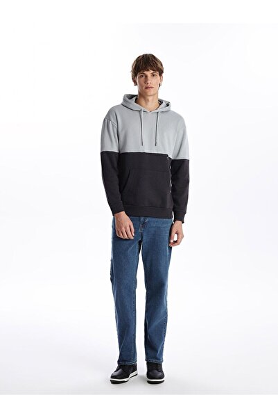 LC Waikiki Γκρι μακρυμάνικο αντίθεση χρωμάτων ανδρικό χοντρό φούτερ με κουκούλα