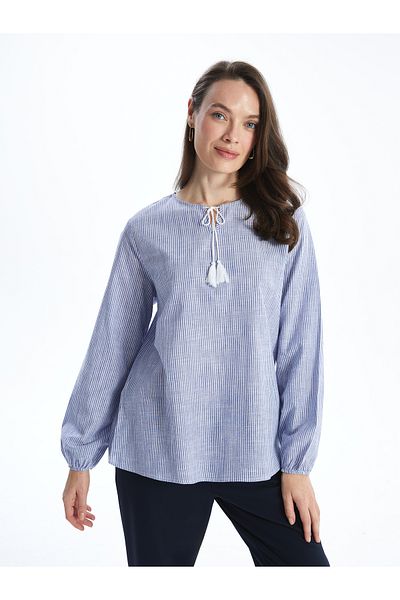 LC Waikiki Gestreifte Popeline-Bluse für Damen mit gebundenem Kragen