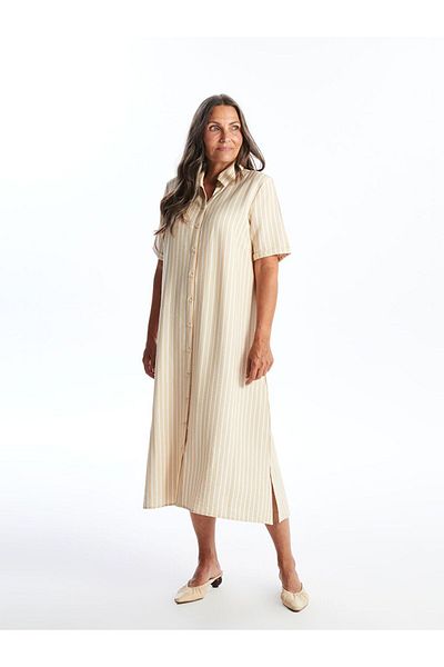 LC Waikiki Beige Striped Short Sleeve Women's Shirt Dress