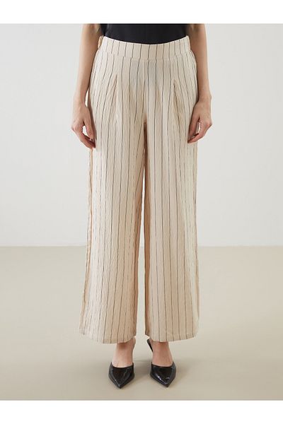 LC Waikiki Striped Women's Pleated Trousers with Elastic Waist