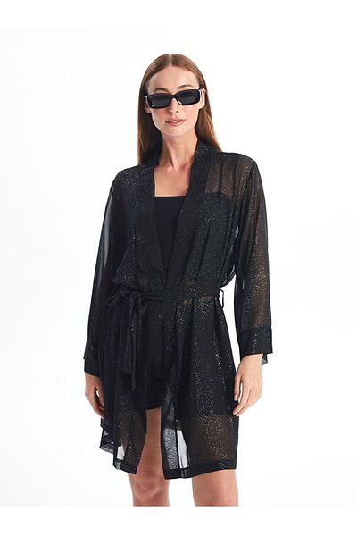 LC Waikiki Black Shawl Collar Patterned Long Sleeve Women's Kimono