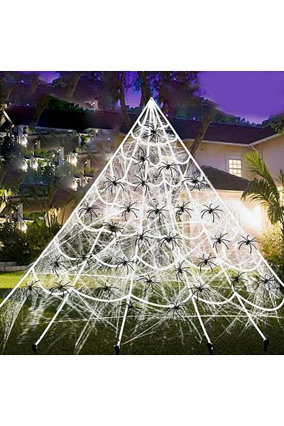 CatRain Halloween Spider Web And 30 Spiders Set, Silk/plastic, Black/white, 7.5 X 5.5 M