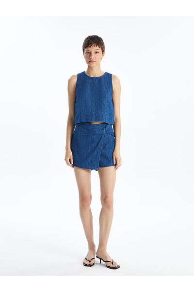 LC Waikiki Women's Crew Neck Plain Jean Crop