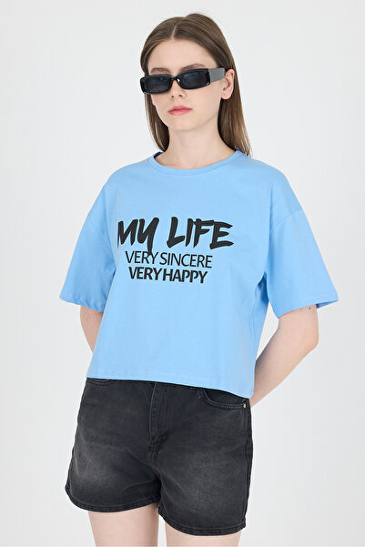 Rays Tricou crop 100% bumbac cu imprimeu cu text albastru 9187M