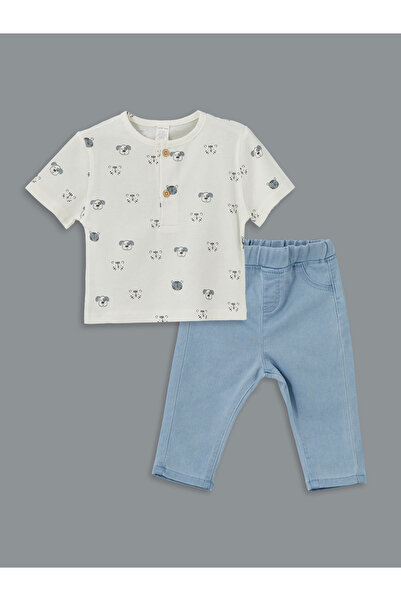 LC Waikiki Βρεφικό μπλουζάκι και παντελόνι με στάμπα με λαιμόκοψη 2 τεμαχίων