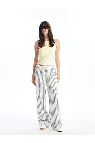 LC Waikiki Gestreifte Damenhose mit weitem Bein und elastischer Taille