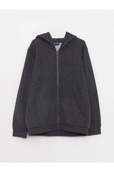 LC Waikiki Anthracite Hooded Basic Long Sleeve Boys Zippered Sweatshirt