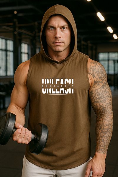 BESSA Men's Unleash Printed Brown Oversize Cotton Fabric Hooded Sleeveless Sports Tank Top/Tshirt