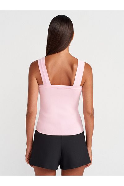 Dilvin 10770 Square Neck Strap Knitwear Blouse-Pink