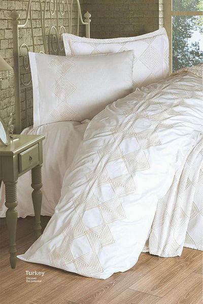 Çeyiz Diyarı Seher 4 Piece Embroidered Pique Set 240X260 Cream