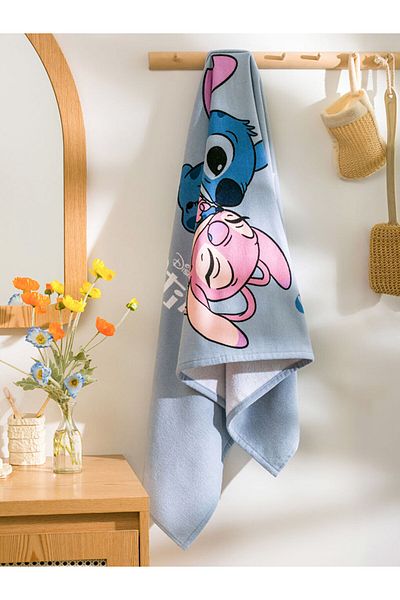LC Waikiki Blue Lilo and Stitch Printed Cotton Bath Towel 70X150 cm