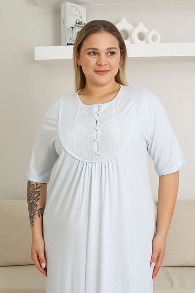 ERDENİZ TEKSTİL Maternity Nightgown Plus Size Nightgown Buttoned Lace Collar Solid Color