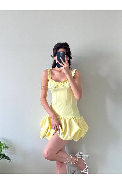 LOCH BUTİK Women's Yellow Skirt Balloon Straps Ruffle Mini Dress