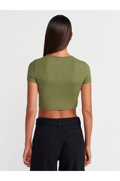 Dilvin 31647 Button Detailed Crop Top-Light Khaki