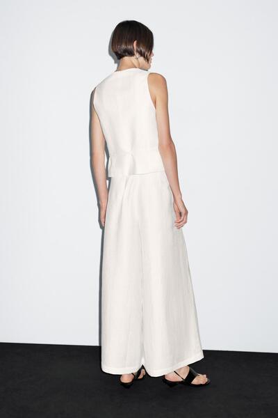 Massimo Dutti Geniş paça volanlı keten karışımlı pantolon