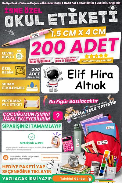 FİKİRCAN Fikircan-Name Custom School Label-Astronaut 200 Pieces - Odorless Ecological Ink Pvc Label