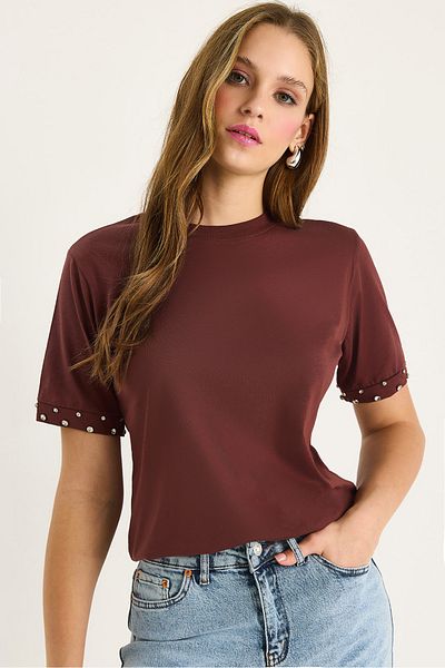 Bianco Lucci Women's Sleeves Stone Embroidered Tshirt 60602002