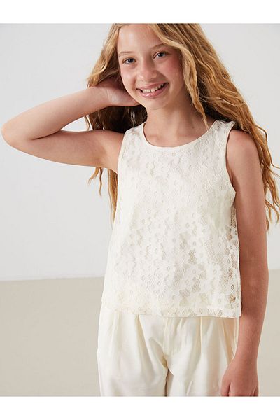 LC Waikiki Sari Crew Neck Lace Detailed Girl's Blouse