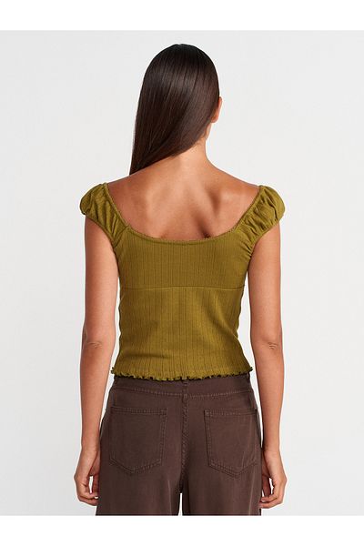 Dilvin 31831 Bow Detailed Short Sleeve Top-Dark Green