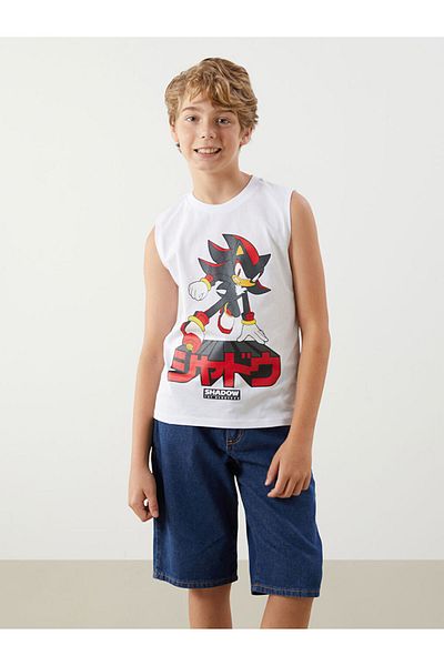 LC Waikiki White Crew Neck Sonic Printed Boys Undershirt