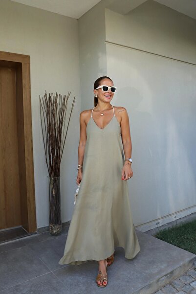 Purple by Banu SOFT HAKİ Sırt Toka Detay Keten Elbise