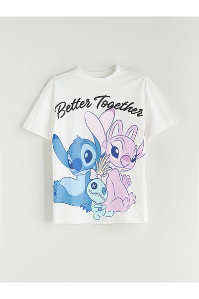 LC Waikiki Ecru Crew Neck Stitch and Angel Printed Girl's T-Shirt