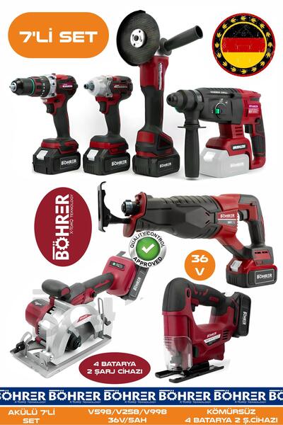 BÖHRER Alman 7 Makine Kombo Set BA01085K 4 Akülü 2 Şarjlı Kömürsüz V598 5Ah Profesyonel -KIRMIZI RED