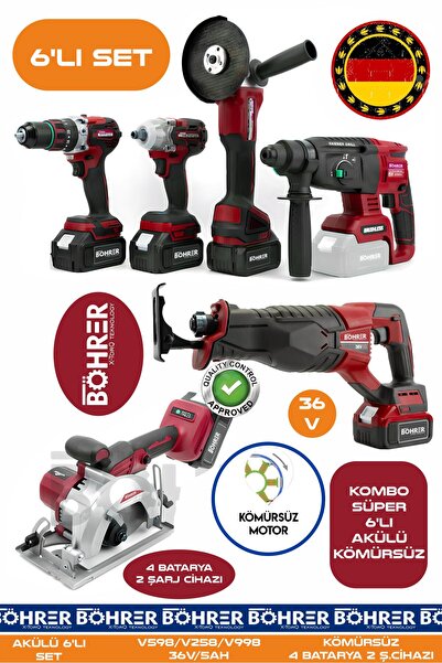 BÖHRER Alman BA01086K 4 Akülü 2 Şarjlı Kömürsüz V598 5Ah Profesyonel 6 Makine...