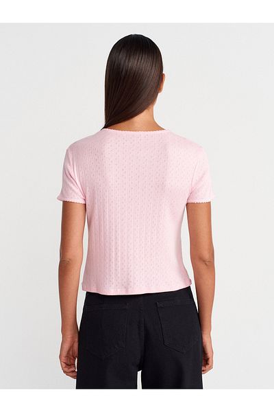 Dilvin 31795 Bow Detailed Short Sleeve Contrast T-Shirt-Powder Pink