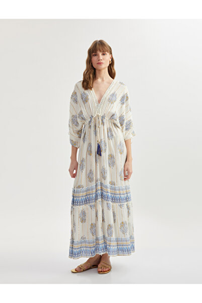 Koton Ethnic Patterned V Neck Bat Sleeve Viscose Beach Dress