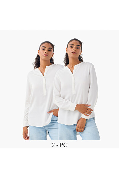 FAV Set of 2 - Mandarin Collar Top with Long Sleeves and High-Low Hemline