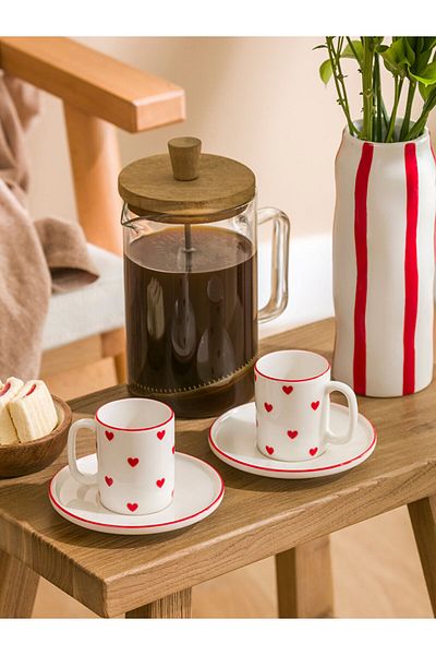 LC Waikiki Red Heart Patterned Coffee Cup Set for 2 People