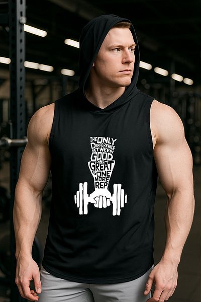 BESSA Men's Great Is One Printed Black Oversize Cotton Fabric Hooded Sleeveless Sportsman Singlet/Tshirt