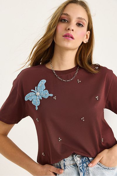 Bianco Lucci Women's Butterfly Accessory Stone Embroidered Short Sleeve T-Shirt 60602036