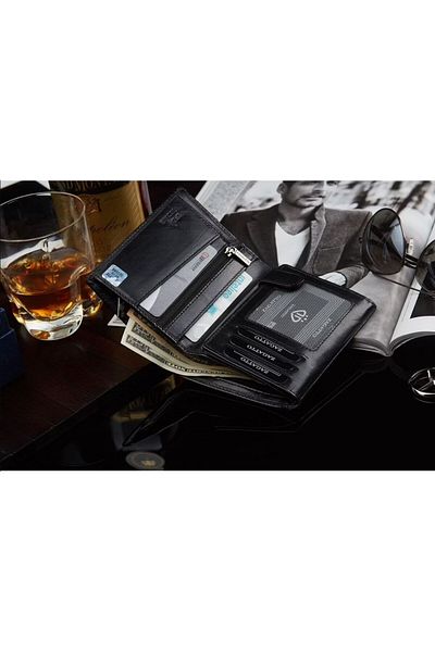 zagatto Black leather wallet for men, genuine leather, elegant and compact, 12.5x10x2.5 cm, ZG-001-BAR