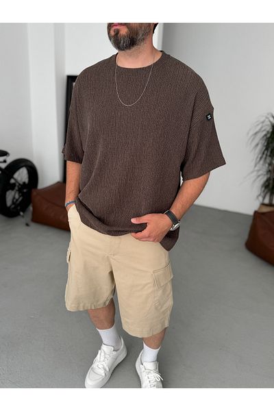 BYBASICMAN Dark Brown Crushed Textured Oversize T-Shirt Jj-235