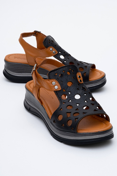 Dericlub Dericlub Women's Wedge Heel Sandals Real Leather Zy 8065 Black/Tan