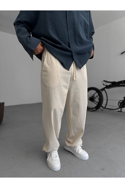 BYBASICMAN Beige Cotton Linen Baggy Trousers Es-15