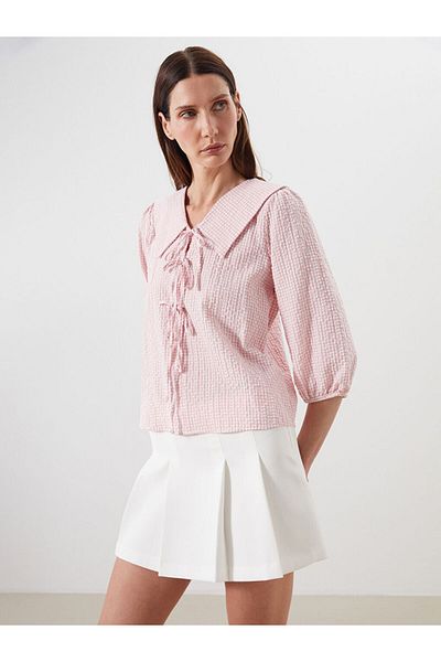 LC Waikiki Red Baby Collar Plaid Blouse