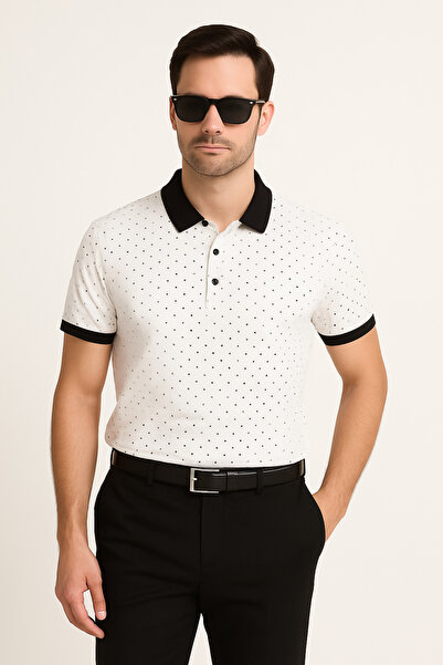 UOMOPARK 2120 Men's Ecru Black Collar Polo Neck T-Shirt Micro Polka Dot Pattern, Regular Fit, Stylish Casual Style