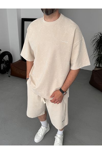 BYBASICMAN Beige Washed Embossed Oversize T-Shirt Jj-201