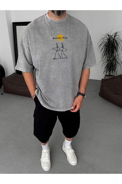 BYBASICMAN Gray Washed Summer Printed Oversize T-Shirt Jj-271