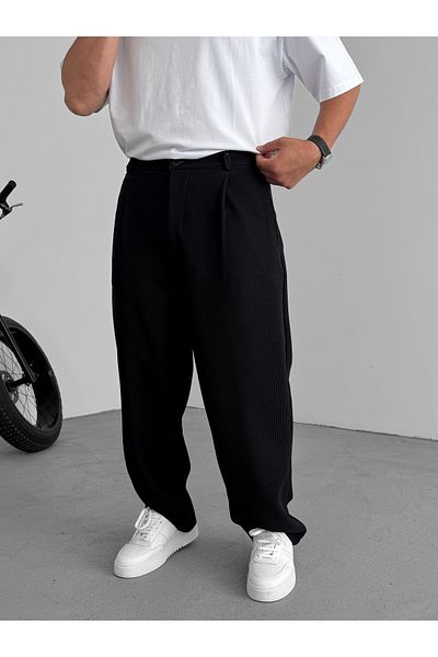 BYBASICMAN Black Lycra Ribbed Baggy Trousers C-06