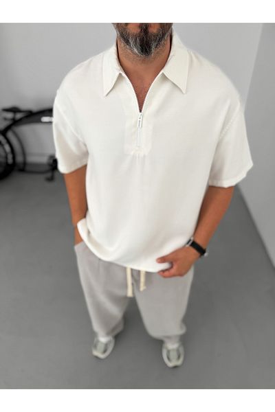 BYBASICMAN White Basic Half Zipper T-Shirt Yp-5012