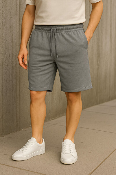 FATELLA Men's Gray Straight Relaxed Fit Plus Size Summer Combed Cotton Shorts