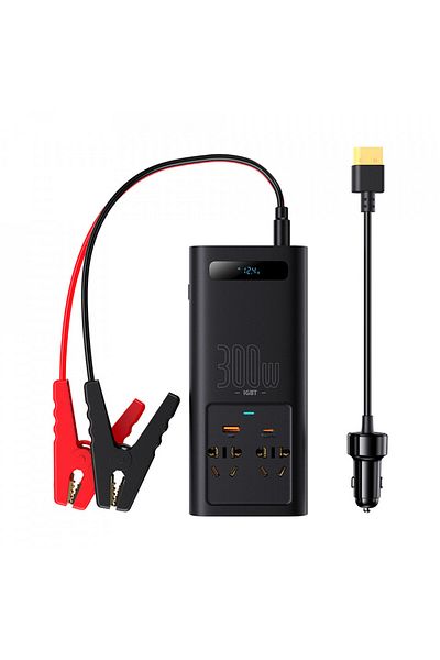 Baseus Car Inverter USB, Type-C, CN/EU, 220V, 300W + 12V Clamps and Cable - Baseus (CGNB010101) - Black