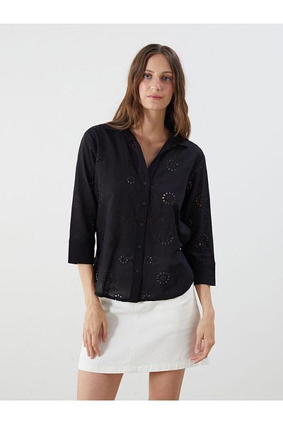 LC Waikiki New Black Openwork Brode Women's Shirt