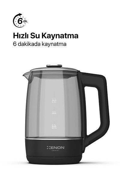 Xenon Smart Smart Glass Kettle 1.7 Lt Wi-Fi 2200 W App Control Voice Assistant Support Glass Water Heater Black X7103