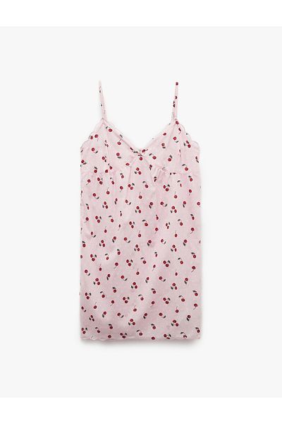 Koton Comfortable Fit Cotton V-Neck Thin Strap Cherry Printed Nightdress
