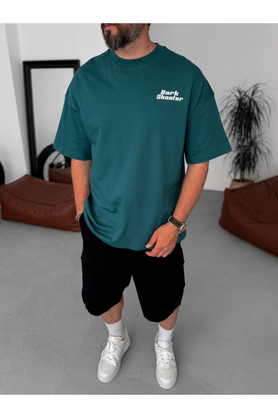 BYBASICMAN Σκούρο πράσινο Dark Shooter με τύπωμα oversized T-Shirt JJ-240